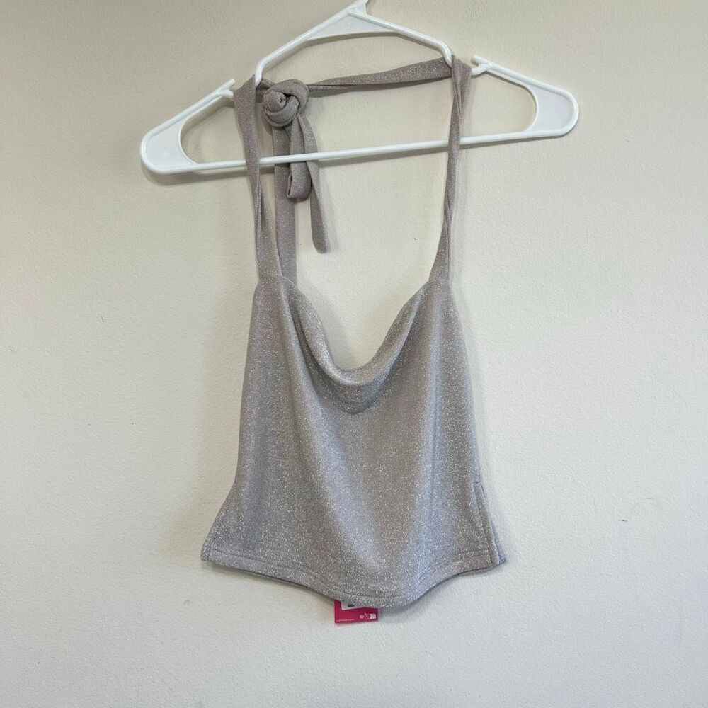 Edikted Womens Sparkly Steel Side Slit Halter Crop Top Silver Small NWT